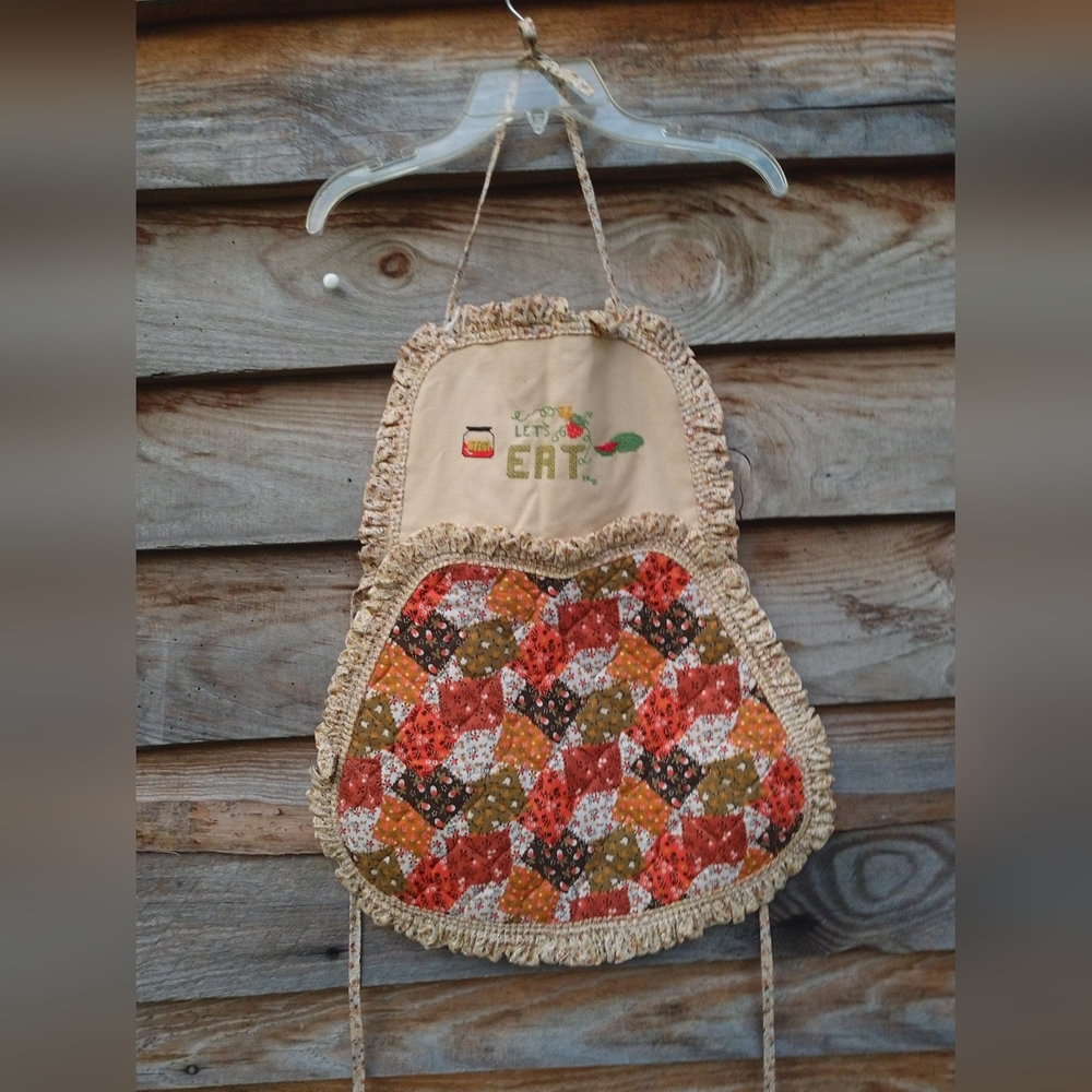 🆕Let's Eat Embroidered Kitchen Apron Brown/Orange Patchwork & Dainty Flowers